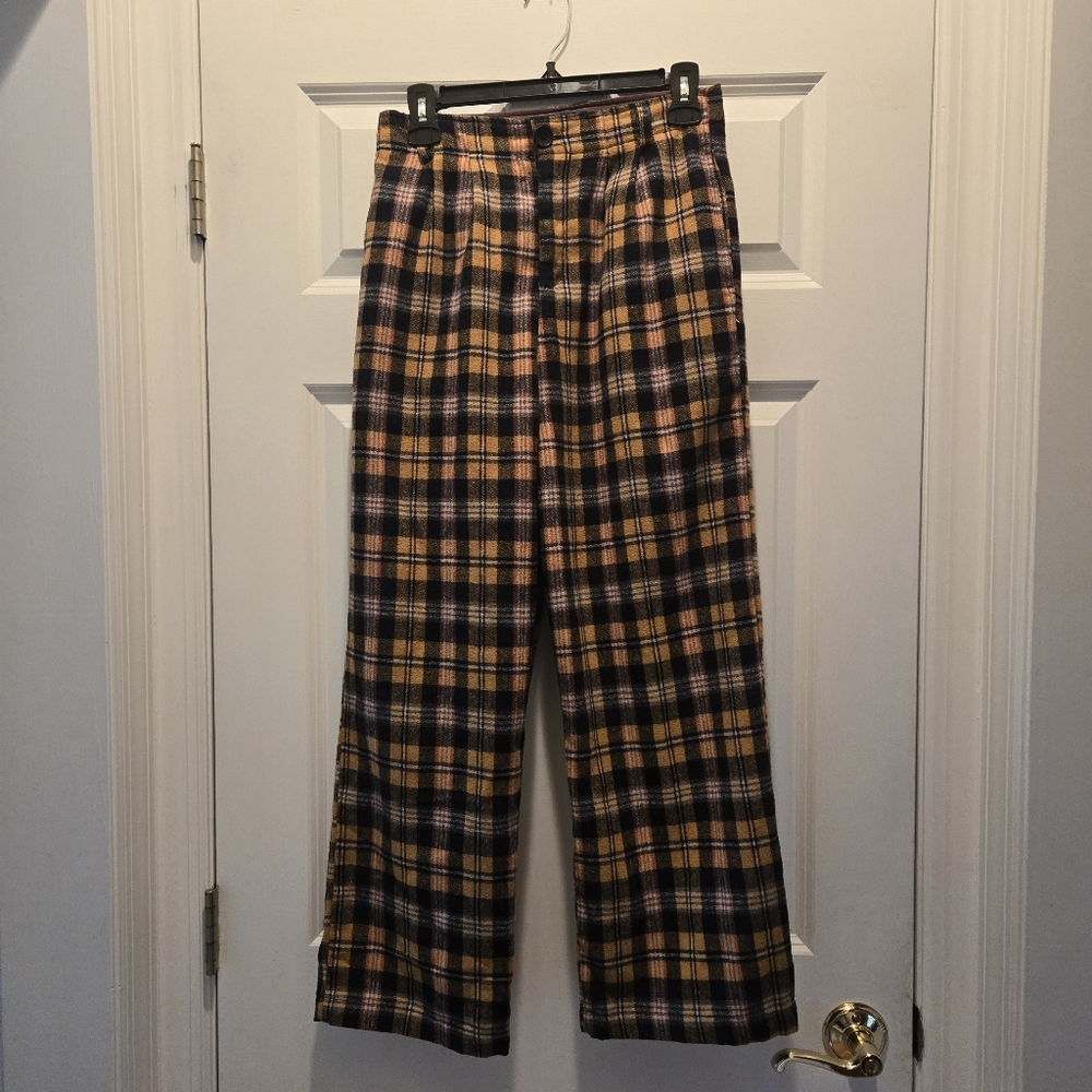 High-Waisted Plaid Pants S Wide-Leg Wool Blend Trousers Rise Flap Pocket Octopus